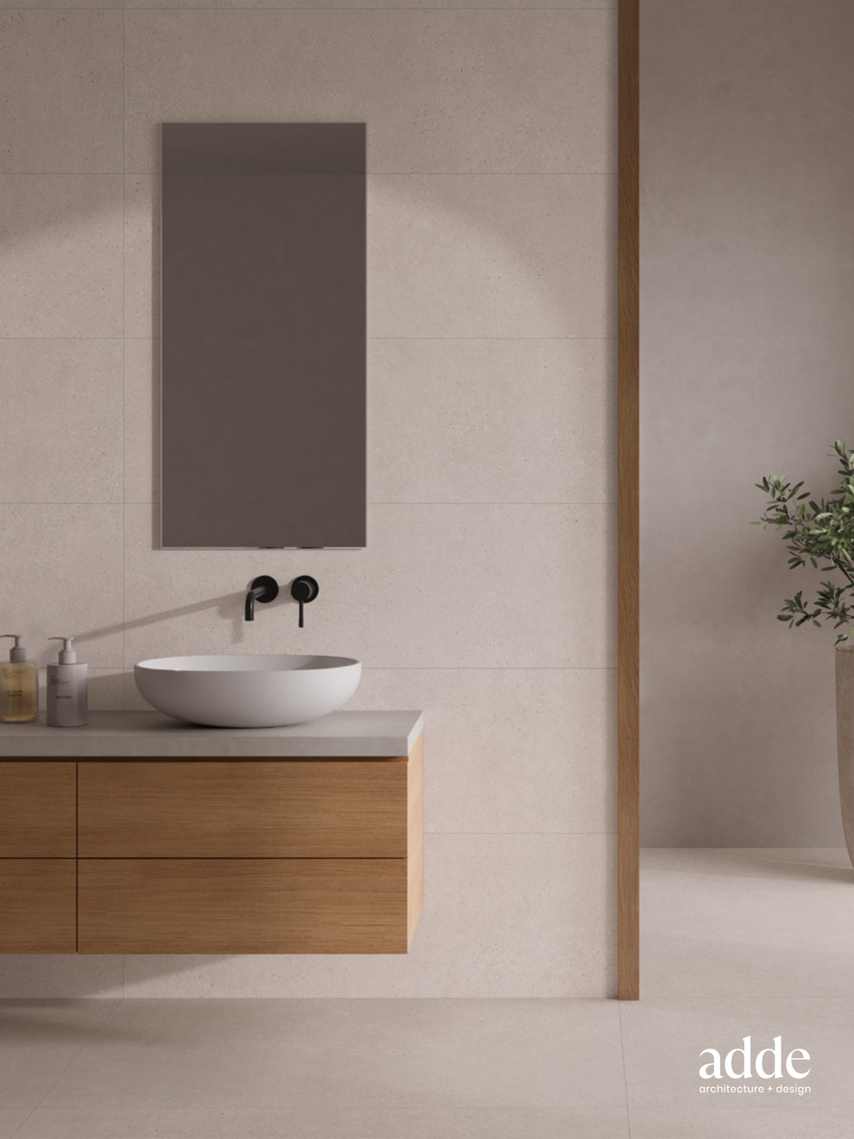 Ambiente cerámica Calm, efecto piedra y cemento